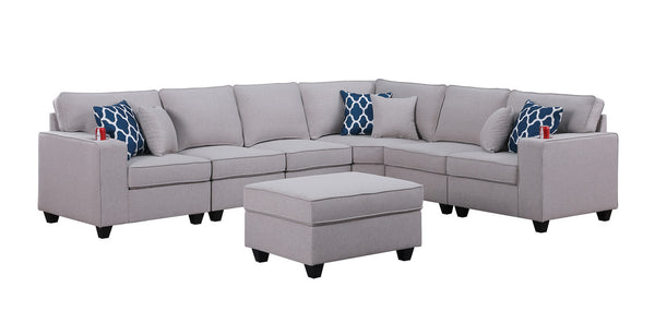 English Elm Cristiano Reversible Linen Sectional Sofa with Ottoman Cupholders and Six Throw Pillows B2749S00099