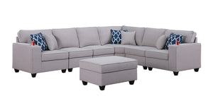 English Elm Cristiano Modular Linen Sectional Sofa with Ottoman Cupholders and Six Throw Pillows B2749S00102