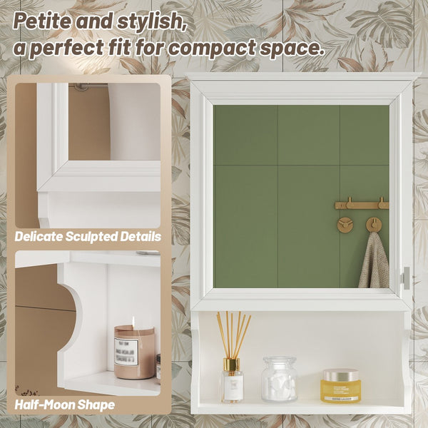 English Elm 20'' Half-Moon Wall Medicine Cabinet with Mirror, Solid Wood Frame, Soft-Close Hinges, Space-Saving Elegance White N710P313827K