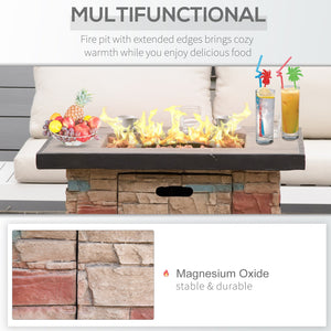 English Elm Outsunny 32 Inch Outdoor Propane Gas Fire Pit Table with 50,000 BTU, Faux Stone Square Design, Lava Rocks, Rain Cover Brown W2225P217255