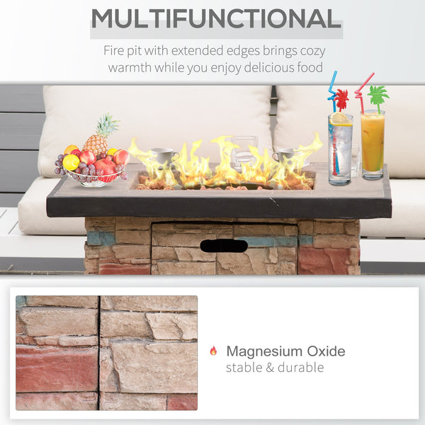 English Elm Outsunny 32 Inch Outdoor Propane Gas Fire Pit Table with 50,000 BTU, Faux Stone Square Design, Lava Rocks, Rain Cover Brown W2225P217255