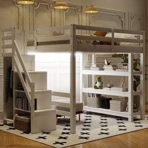 English Elm Full Size Loft Bed With Integrated Shelves, Storage Staircase, Small Wardrobe & Led Lighting N7090000472K