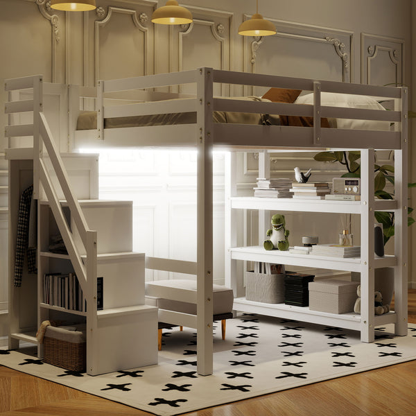 English Elm Full Size Loft Bed with Wardrobe Storage Staircase Shelves and Led Lighting N7090000472K-1