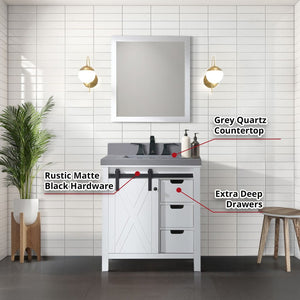 English Elm White Bath Vanity Set With Grey Quartz Countertop, Matte Black Faucet & 28" Mirror For Modern Style B2731S01272-GIGA