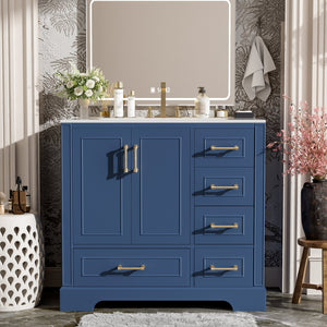 English Elm 36" Traditional Bathroom Vanity with Ceramic Sink, Solid Wood Cabinet, Soft-Close Doors & Drawers Blue N729P251630C
