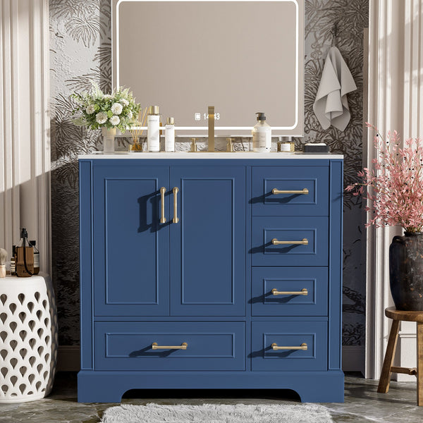 English Elm 36" Traditional Bathroom Vanity with Ceramic Sink, Solid Wood Cabinet, Soft-Close Doors & Drawers Blue N729P251630C
