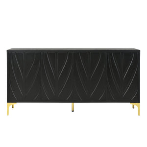 English Elm 60" Modern Handleless Sideboard Buffet Cabinet with Push-to-Open Doors, Carved Black Credenza, Adjustable Shelves, 220lb Top Load, Solid Wood MDF Storage for Living Room Entryway W2696P279985