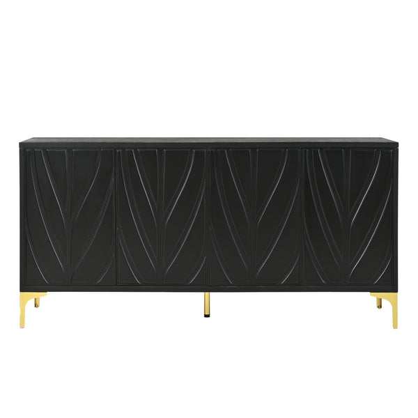 English Elm 60" Modern Handleless Sideboard Buffet Cabinet with Push-to-Open Doors, Carved Black Credenza, Adjustable Shelves, 220lb Top Load, Solid Wood MDF Storage for Living Room Entryway W2696P279985