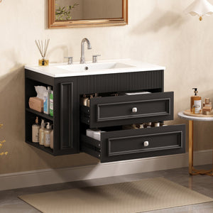 English Elm 30'' Wall Mounted Bathroom Vanity with Ceramic Sink, Floating MDF Cabinet, Soft-Close Drawers & Ample Storage Black N710P334915B