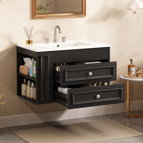 English Elm 30'' Wall Mounted Bathroom Vanity with Ceramic Sink, Floating MDF Cabinet, Soft-Close Drawers & Ample Storage Black N710P334915B