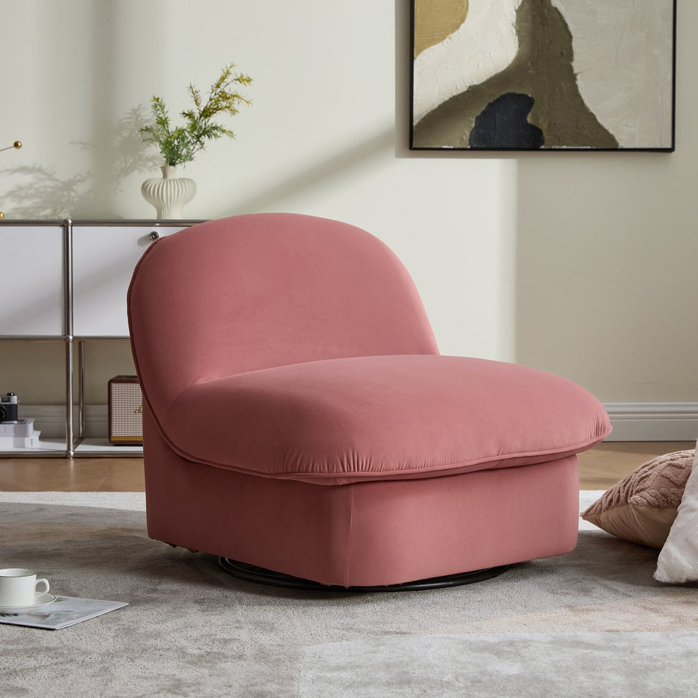 English Elm Swivel Accent Chair Plush Velvet Pumpkin Barrel Silhouette with 360 Degree Metal Base Coral W3244P392749
