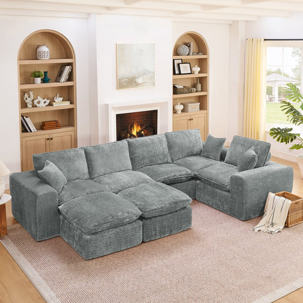 English Elm 107'' Boucle Modular Sectional with Reversible Chaise and Two Ottomans for Living Room Grey W1413S00163