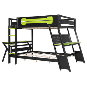 English Elm Full Size Gaming Bunk Bed with Dual Desks Usb Charging Ports and Pegboard Storage Green LT000274AAG