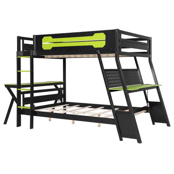 English Elm Full Size Gaming Bunk Bed with Dual Desks Usb Charging Ports and Pegboard Storage Green LT000274AAG