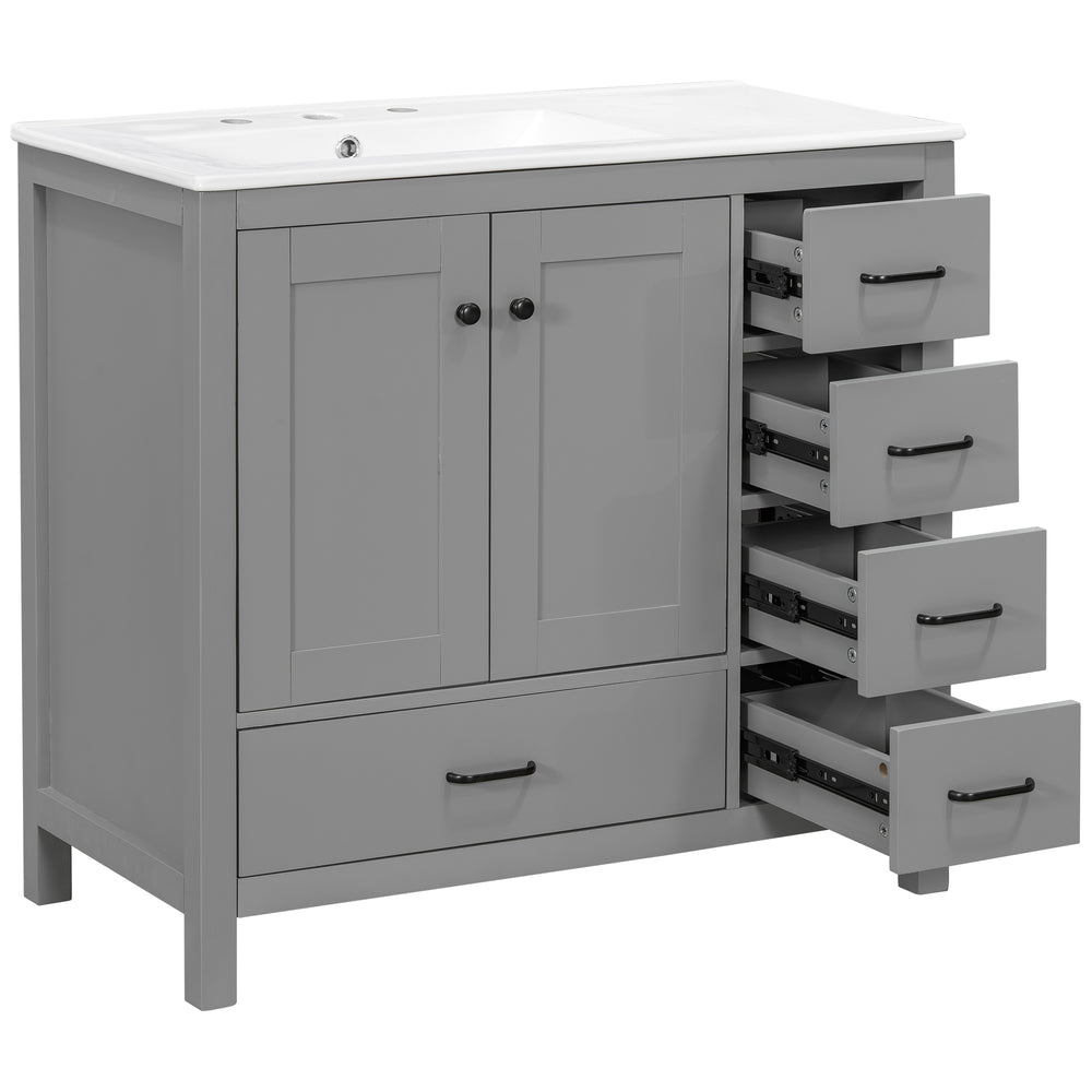 English Elm 36" Gray Bathroom Vanity with Ceramic Sink, 5 Drawers & Soft-Close Doors, Solid Wood Modern Storage N729P183735E