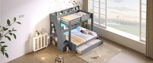 English Elm Twin Over Full Bunk Bed with Stair Drawers Shelves Led Lighting and Usb Port Grey N7090005013E