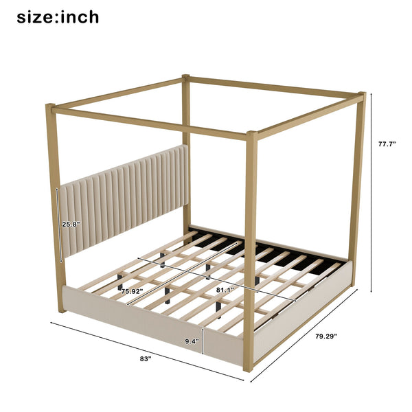 English Elm King Velvet Upholstered Four Poster Canopy Bed White Modern Bedroom Frame N7090002405A