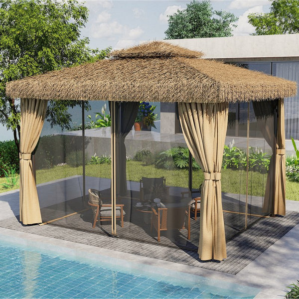 English Elm Outdoor Hawaiian Tiki Gazebo with Pe Thatch Roof Aluminum Frame and Mosquito Net T3963S00001