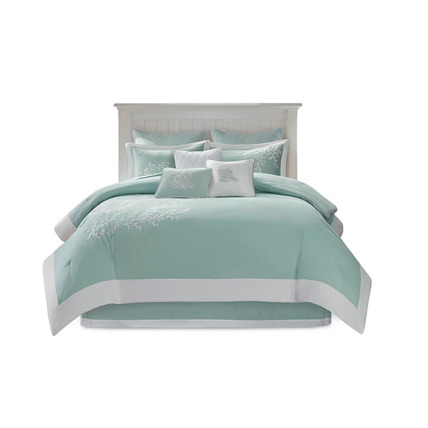JLA Home Harbor House Blue - Oversized Coastal Jacquard Comforter Set with Aqua Coral Embroidery, Plush Overfilled Warmth for Bedroom 90 L x 72 W x 1.5H HH10-480