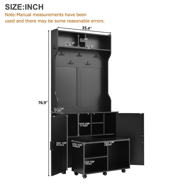 English Elm On-Trend 4-In-1 Farmhouse Hall Tree: Movable Bench, 7 Hooks, Shoe Storage & Rustic Style For Entryway N721P205788B-GIGA