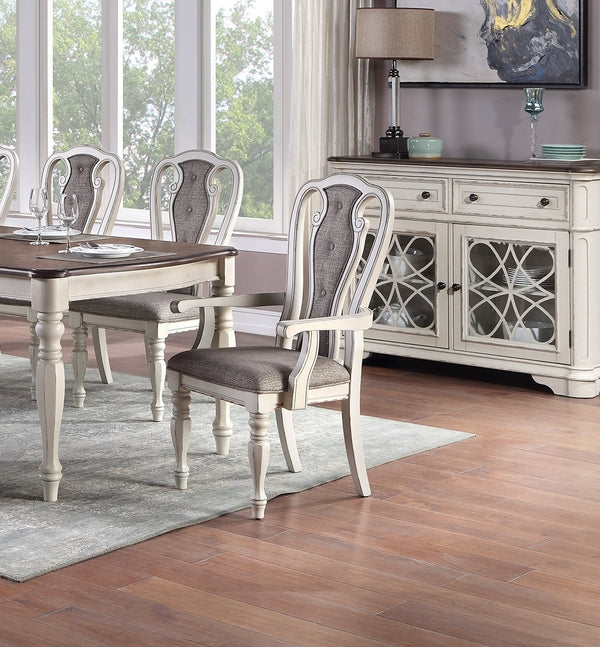 English Elm Transitional 9 Piece Oak Veneer Dining Set with Carved Chairs and Antique White Frame B011S01230