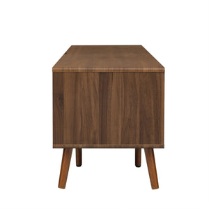 English Elm 78" Rattan TV Stand for 75-85" TVs with Glass Shelves, Solid Wood Legs, Soft-Close Doors, Walnut Finish N710P298238P