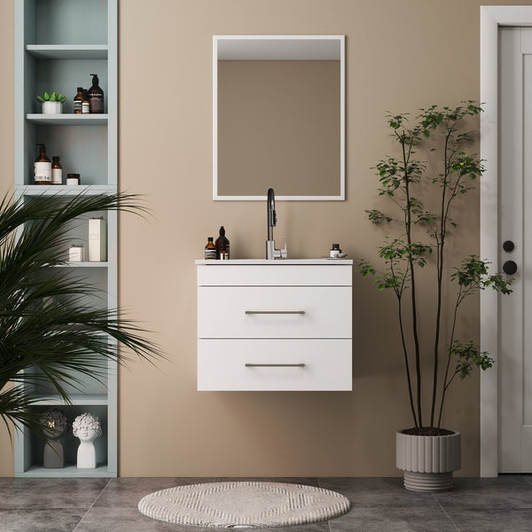 English Elm 24-Inch Modern White Gloss Wall-Mounted Bathroom Vanity With Soft-Close Drawers & Ceramic Sink W3151S00005