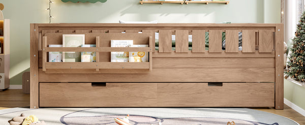 English Elm Twin Kids Platform Bed with Trundle Staircase Bookshelf and Rounded Safety Rails Natural W1580S00561