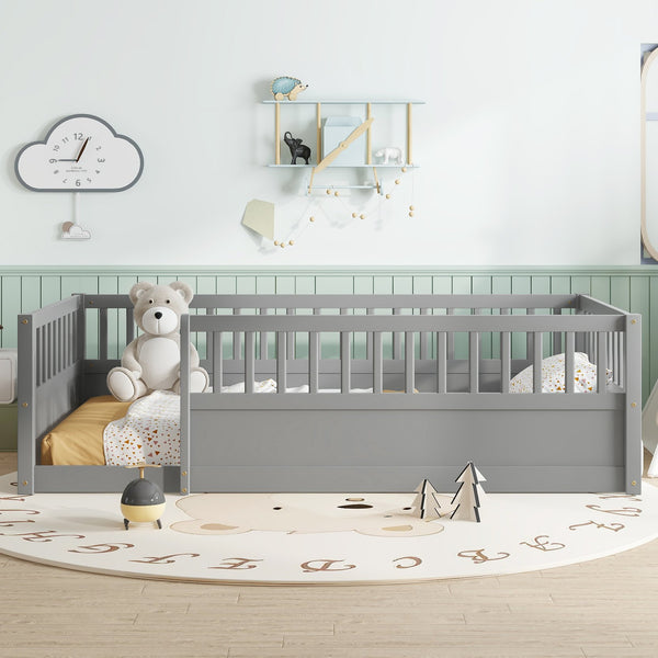 English Elm Twin Montessori Floor Bed Frame for Kids – Pine Playroom Bed with Fence for Reading & Imaginative Play Gray W1580P307881