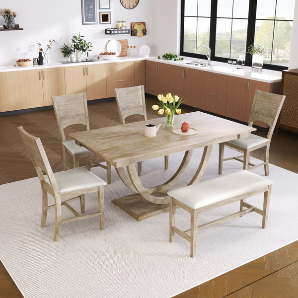 English Elm Topmax Six Piece Rubberwood Dining Set with Bench Linen Seats Sculptural Modern Style Seadrift N717S000029A