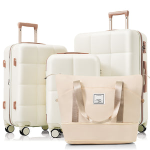 English Elm Luggage Set 4 Piece Abs Hard Shell Spinner Suitcases with Usb Port and Cup Holder Beige+Gold N726P185038R