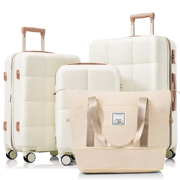 English Elm Luggage Set 4 Piece Abs Hard Shell Spinner Suitcases with Usb Port and Cup Holder Beige+Gold N726P185038R