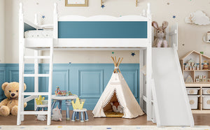 English Elm Twin Loft Bed Solid Pine Frame with Wardrobe Shelving Detachable Slide Kids Room White+Blue W5305S00019