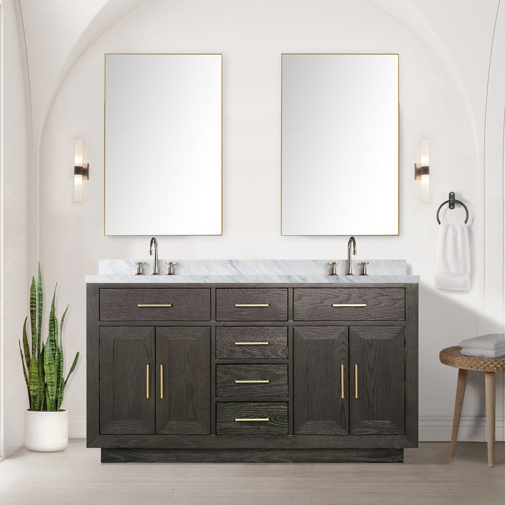 English Elm Brown Oak Double Bath Vanity With Carrara Marble Top & Chrome Faucets - Elegant Storage Solution B2731S01793