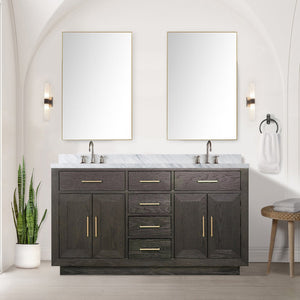 English Elm Brown Oak Double Bath Vanity With Carrara Marble Top & Chrome Faucets - Elegant Storage Solution B2731S01793