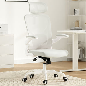 English Elm Ergonomic Office chair with adjustable headrest and lumbar support, breathable mesh, space-saving design White T3623P368571
