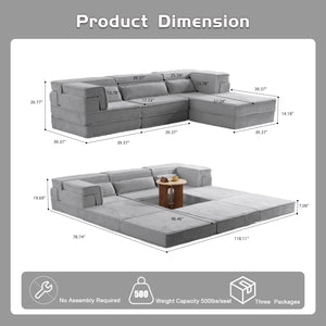English Elm Compression Modular Sofa Bed, Versatile Light Grey Fleece Couch, No Assembly, 3-Seater & Ottoman W3723S00024