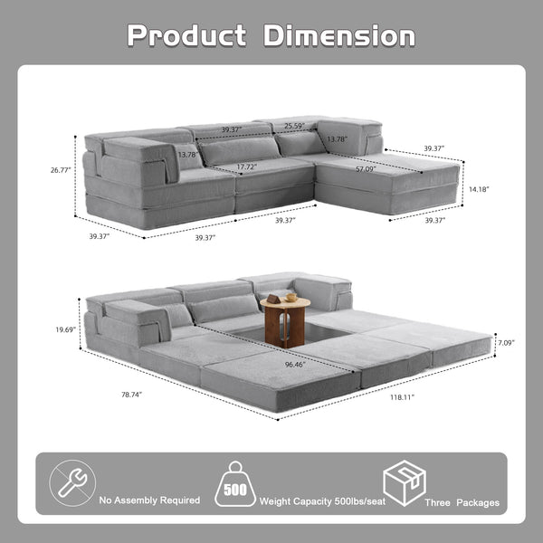 English Elm Compression Modular Sofa Bed, Versatile Light Grey Fleece Couch, No Assembly, 3-Seater & Ottoman W3723S00024