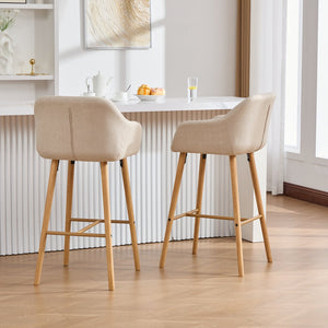 English Elm Modern Linen Upholstered Barstools with Oak Legs Armrests and Footrest for Kitchen Islands Beige W395P396313
