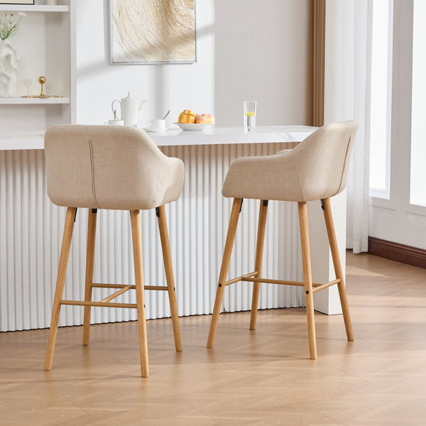 English Elm Modern Linen Upholstered Barstools with Oak Legs Armrests and Footrest for Kitchen Islands Beige W395P396313