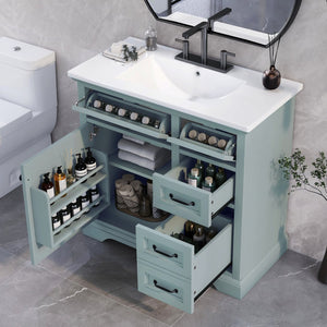 English Elm [video] 36 Inch Freestanding Bathroom Vanity Rubberwood Cabinet with Ceramic Sink Storage Grey N759P313315F