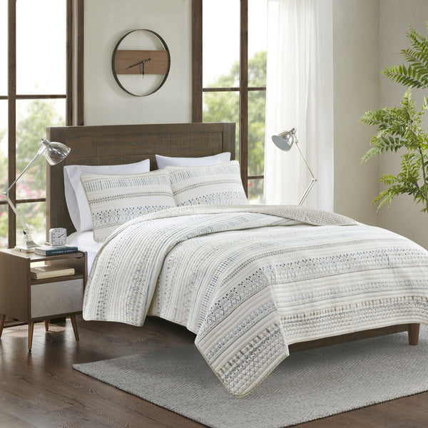 English Elm 3 Printed Microfiber Seersucker Quilt Set Reversible Diamond Channel Quilting Antimicrobial Full/Queen Taupe+Blue 17.72 L x 15.35 W x 6.69 H B03597654