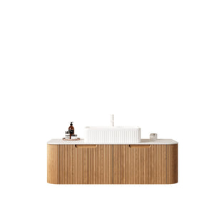 English Elm Dina Floating Bathroom Vanity with Crystal Glass Basin and Sintered Stone Top Carrara White,Natural Wood,White W2615S00162