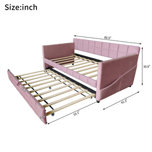 English Elm Modern Velvet Twin Daybed with Pull Out Trundle and Built in Armrest Storage Pockets Pink SF000200AAH