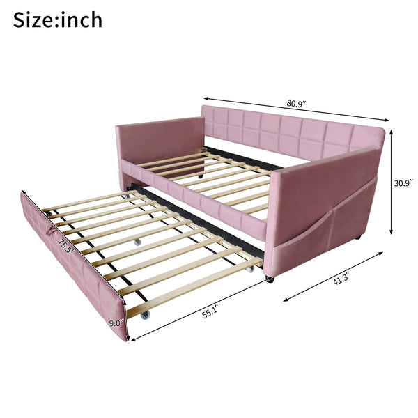 English Elm Modern Velvet Twin Daybed with Pull Out Trundle and Built in Armrest Storage Pockets Pink SF000200AAH