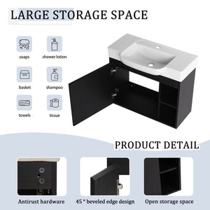 English Elm 28'' Floating Bathroom Vanity with Ceramic Sink Soft Close Door Melamine Cabinet Dark Oak W999P426640