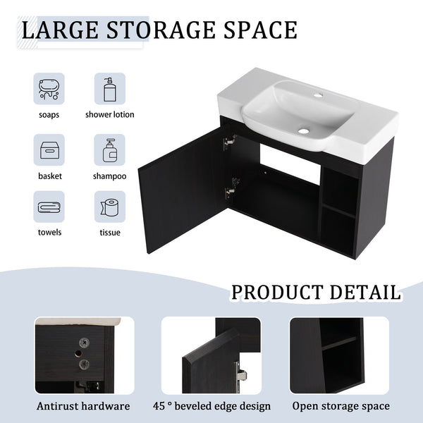 English Elm 28'' Floating Bathroom Vanity with Ceramic Sink Soft Close Door Melamine Cabinet Dark Oak W999P426640