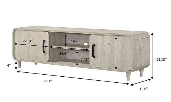 English Elm 1pc Mid-Century TV Stand 71.1" Wide Light Finish with Sliding Doors, Tapered Legs & Gold Handles Antique White 21 L x 73.5 W x 18.5 H B2741P406247