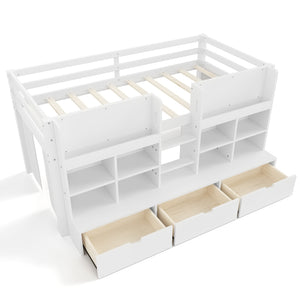 English Elm Full Bunk Bed with Trundle Bookshelf Storage Pine Frame Car Design for Kids W1580S00397
