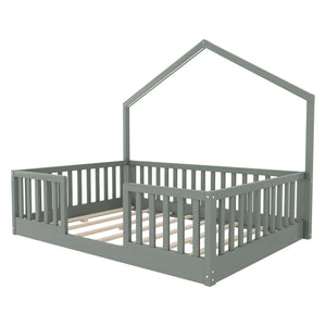 English Elm Twin Montessori Floor Bed House Frame with Led Lighting and Safety Rails for Kids Grey W2593P440606